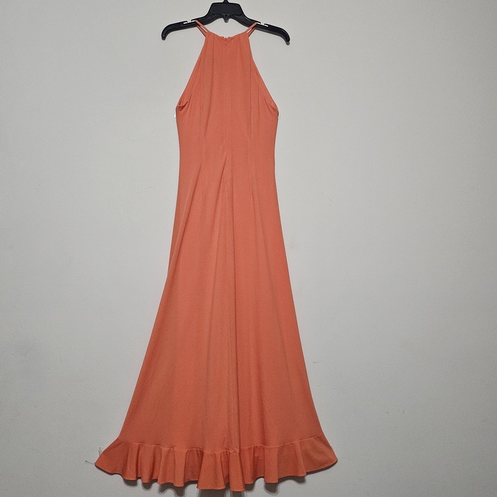 Badgley Mischka Dress Size 0 Fit X Orange Halter Ruched Sleeveless Long Maxi 350 - Picture 12 of 16